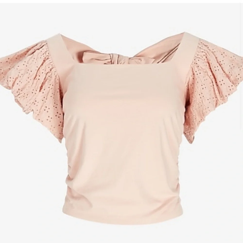 Express square neck eyelet puff sleeve tie back crop top peach light pink - Picture 2 of 12